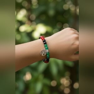 NWT Elegant Red and Black Beaded Bracelet with Tree of Life Charm